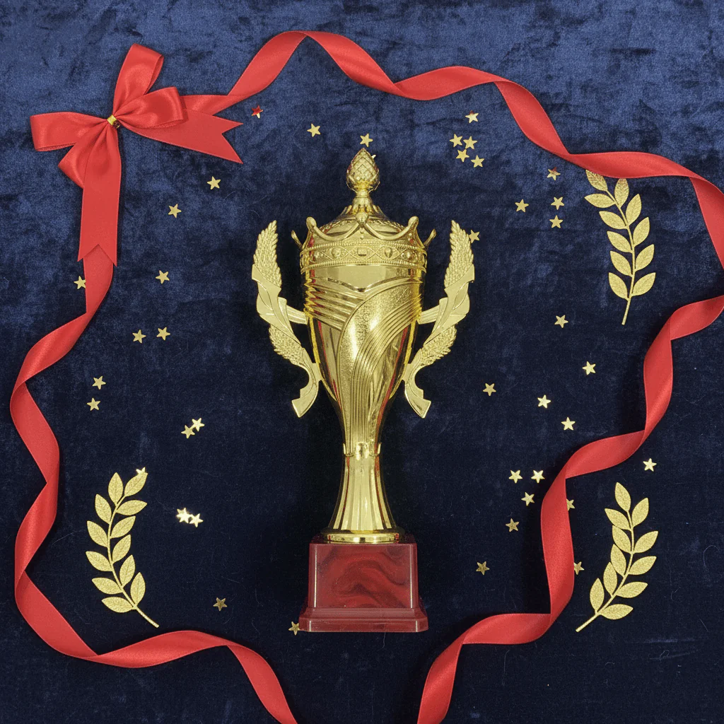 Gold & Red Prestige Trophy – 32cm | Award Cup with Laurel Wings & Plastic Base - Image 3