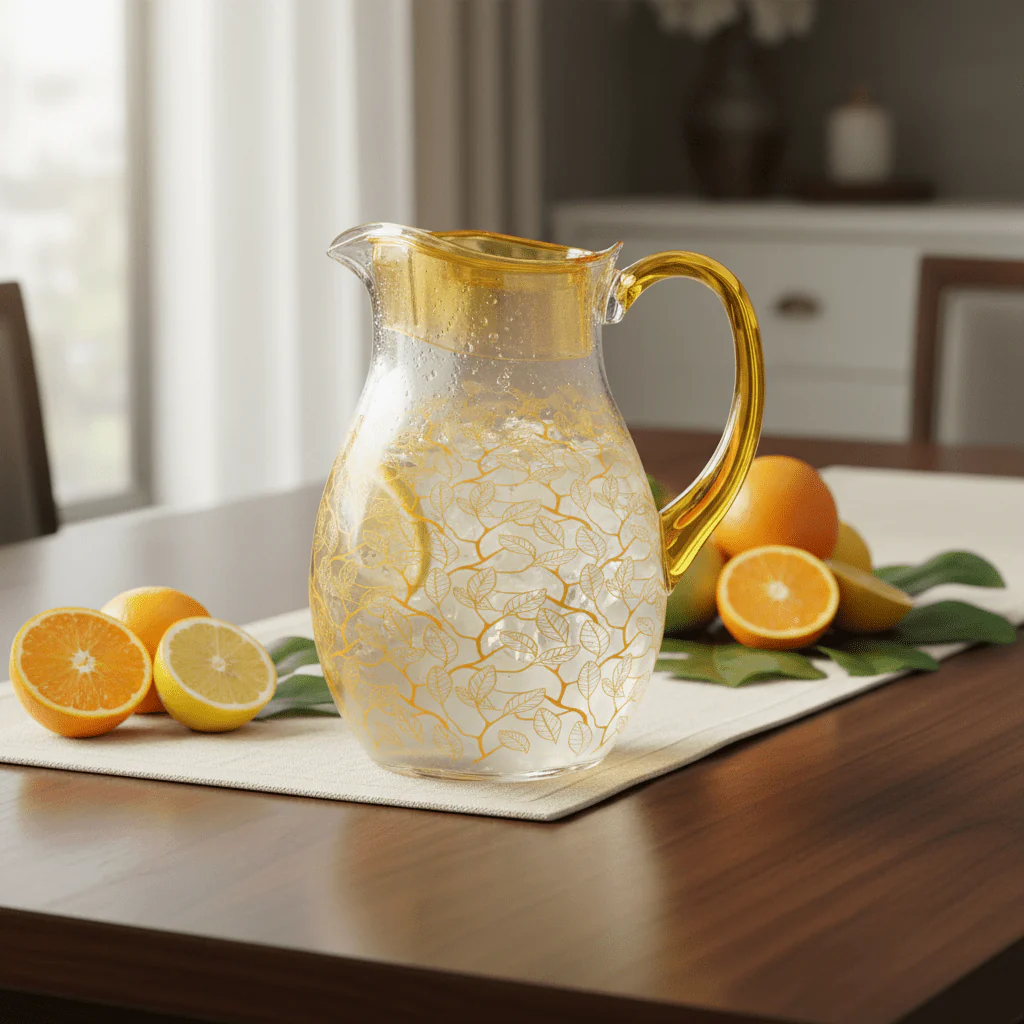 Decorative Clear Acrylic Beverage Jug with Yellow Leaf Print Artwork – 20 cm - Image 3