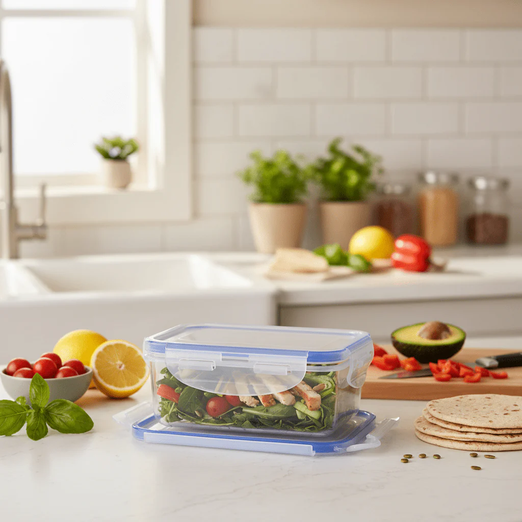 Golden Lock Plastic Rectangular Food container With Lid 350ml-Blue&Transparent - Image 2