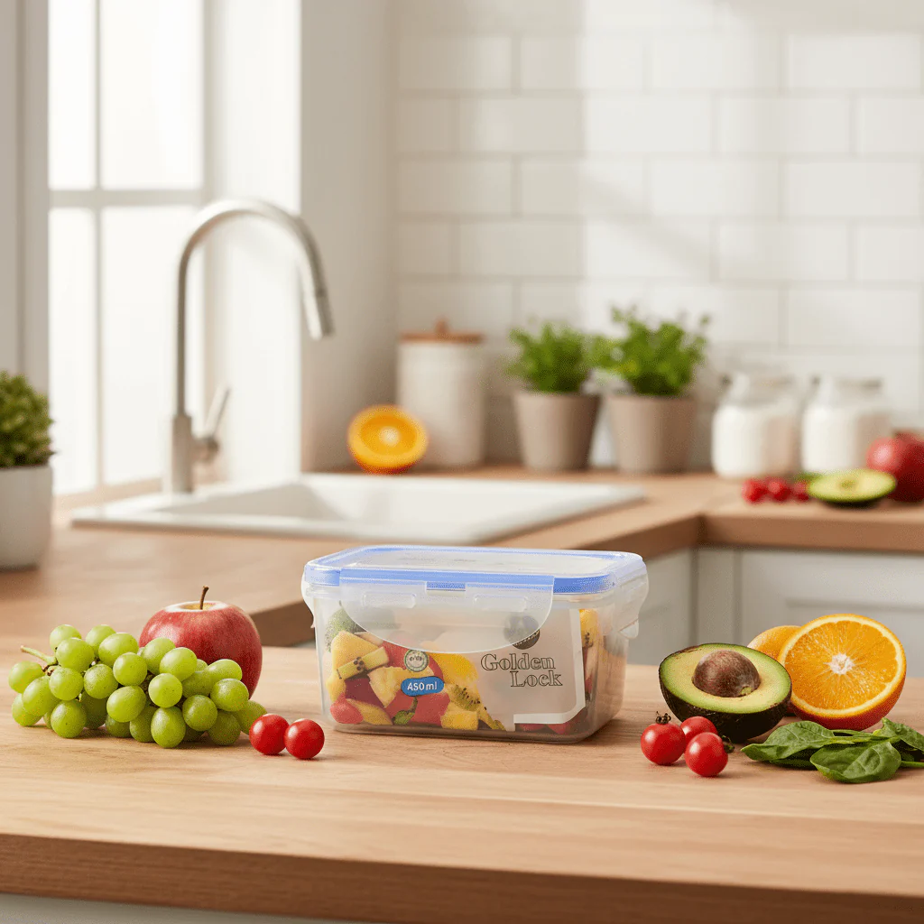 Golden Lock Plastic Rectangular Food container With Lid 450ml-Blue&Transparent - Image 2