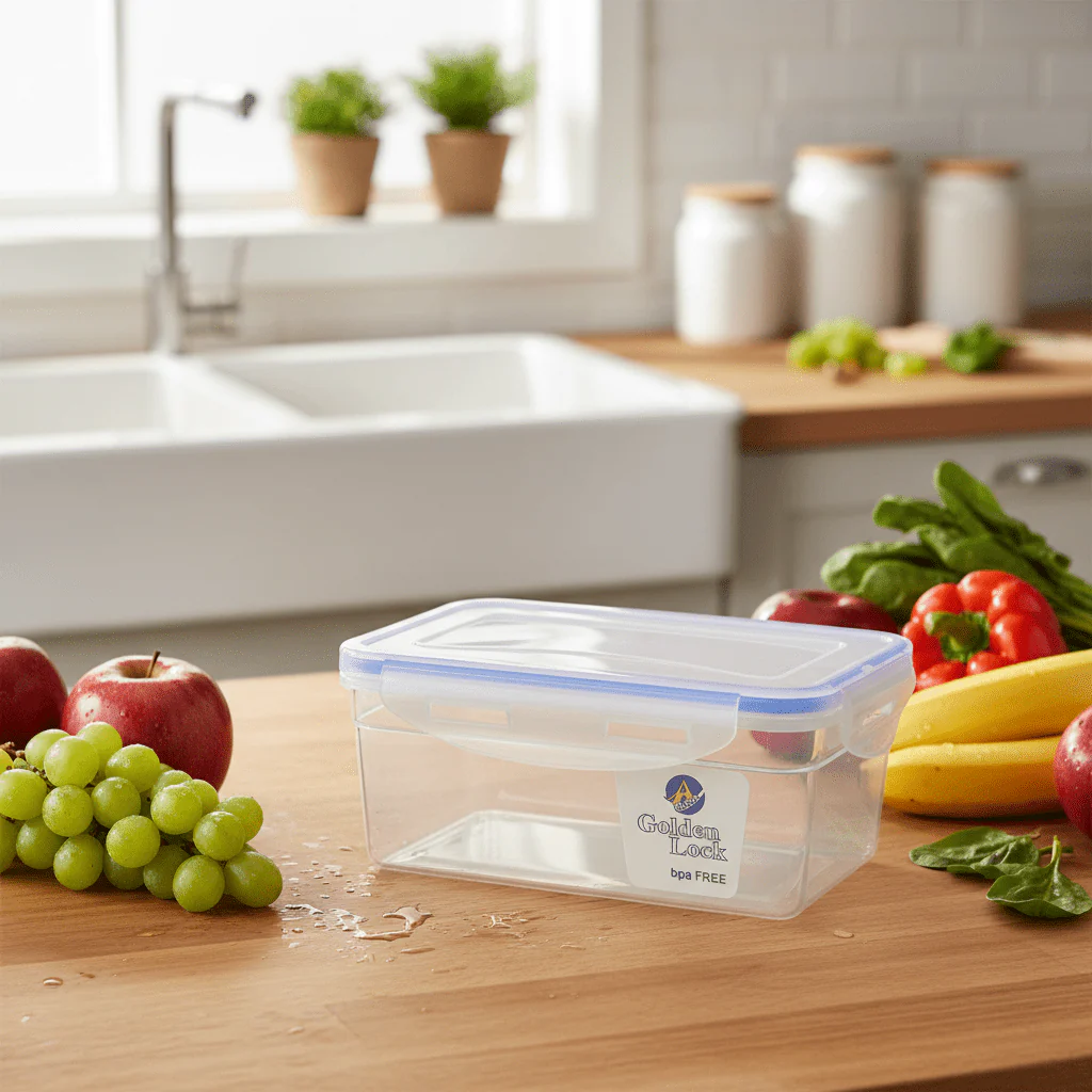 Golden Lock Plastic Rectangular Food container 955ml-Blue&Transparent - Image 2