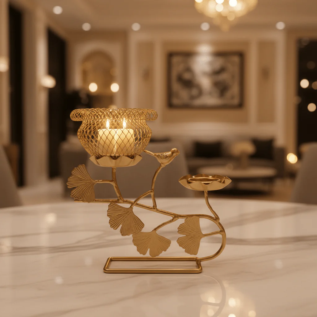 Golden Bird Nest Candle Holder | Dual Tealight Stand | Ginkgo Leaf Design | 22×20cm - Image 2