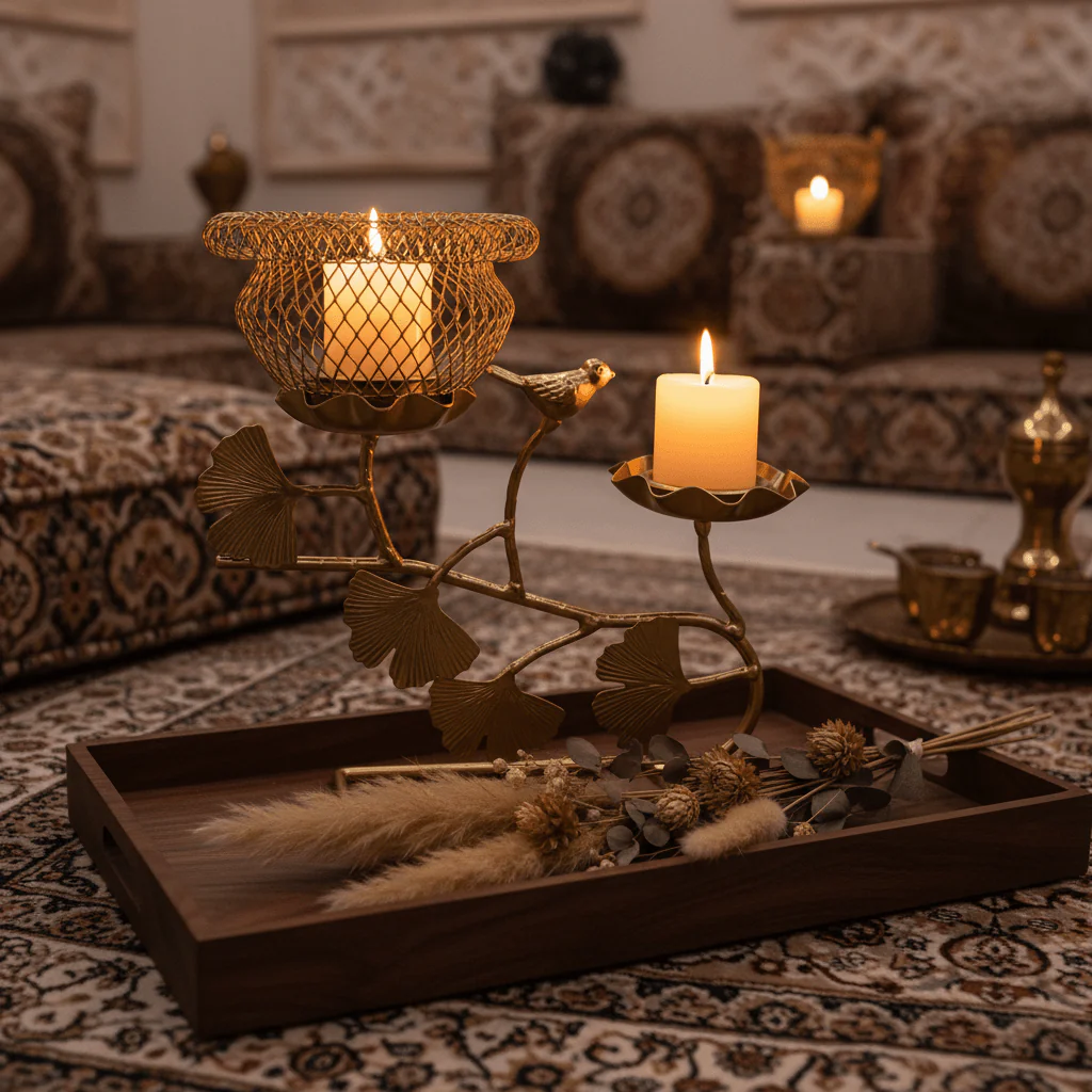 Golden Bird Nest Candle Holder | Dual Tealight Stand | Ginkgo Leaf Design | 22×20cm - Image 3