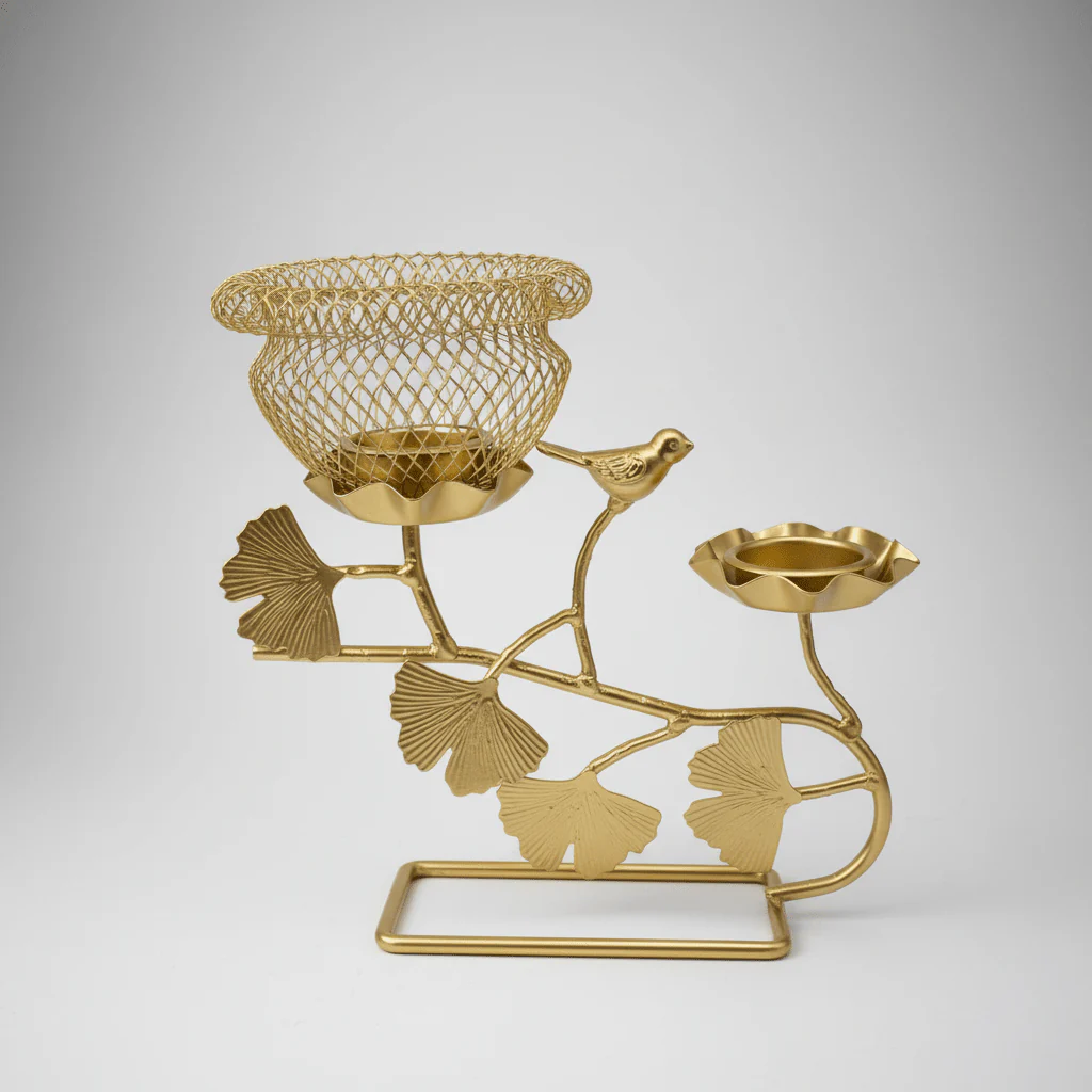 Golden Bird Nest Candle Holder | Dual Tealight Stand | Ginkgo Leaf Design | 22×20cm - Image 4