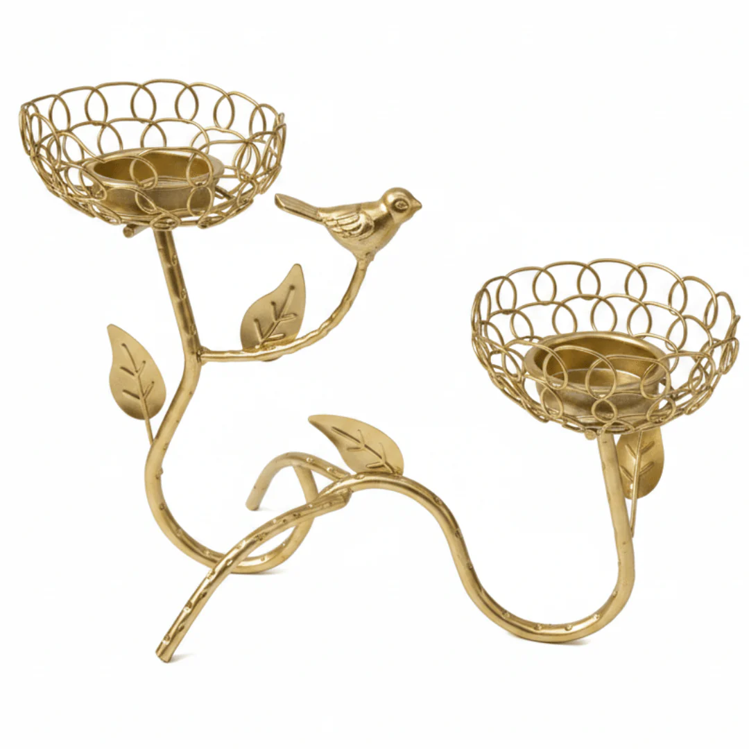 Golden Bird & Vine Double Candle Holder | Luxury Gold Metal Wire Centerpiece | 25×18cm