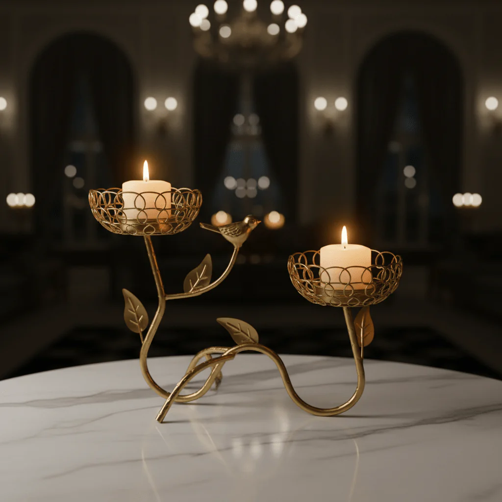 Golden Bird & Vine Double Candle Holder | Luxury Gold Metal Wire Centerpiece | 25×18cm - Image 2
