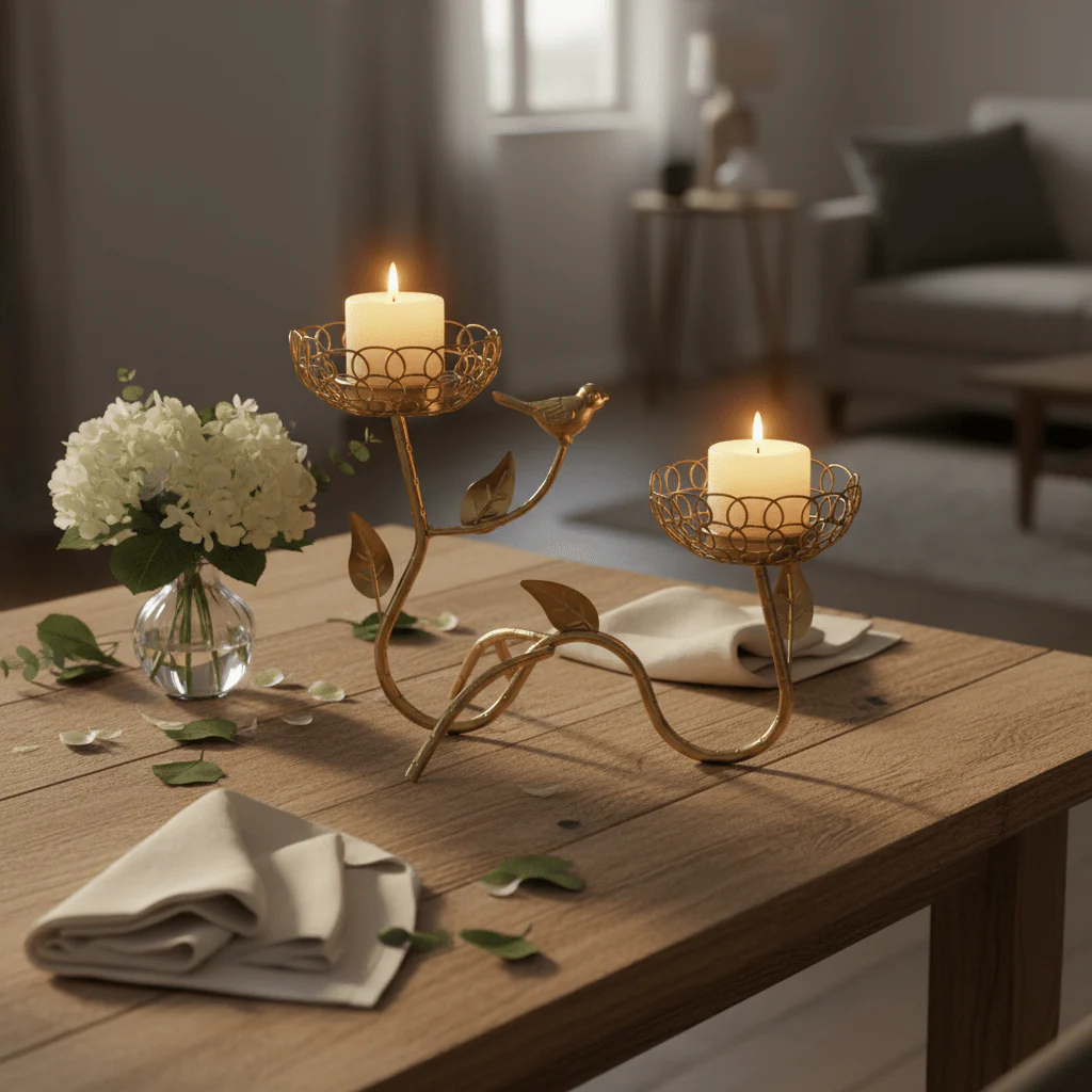 Golden Bird & Vine Double Candle Holder | Luxury Gold Metal Wire Centerpiece | 25×18cm - Image 3