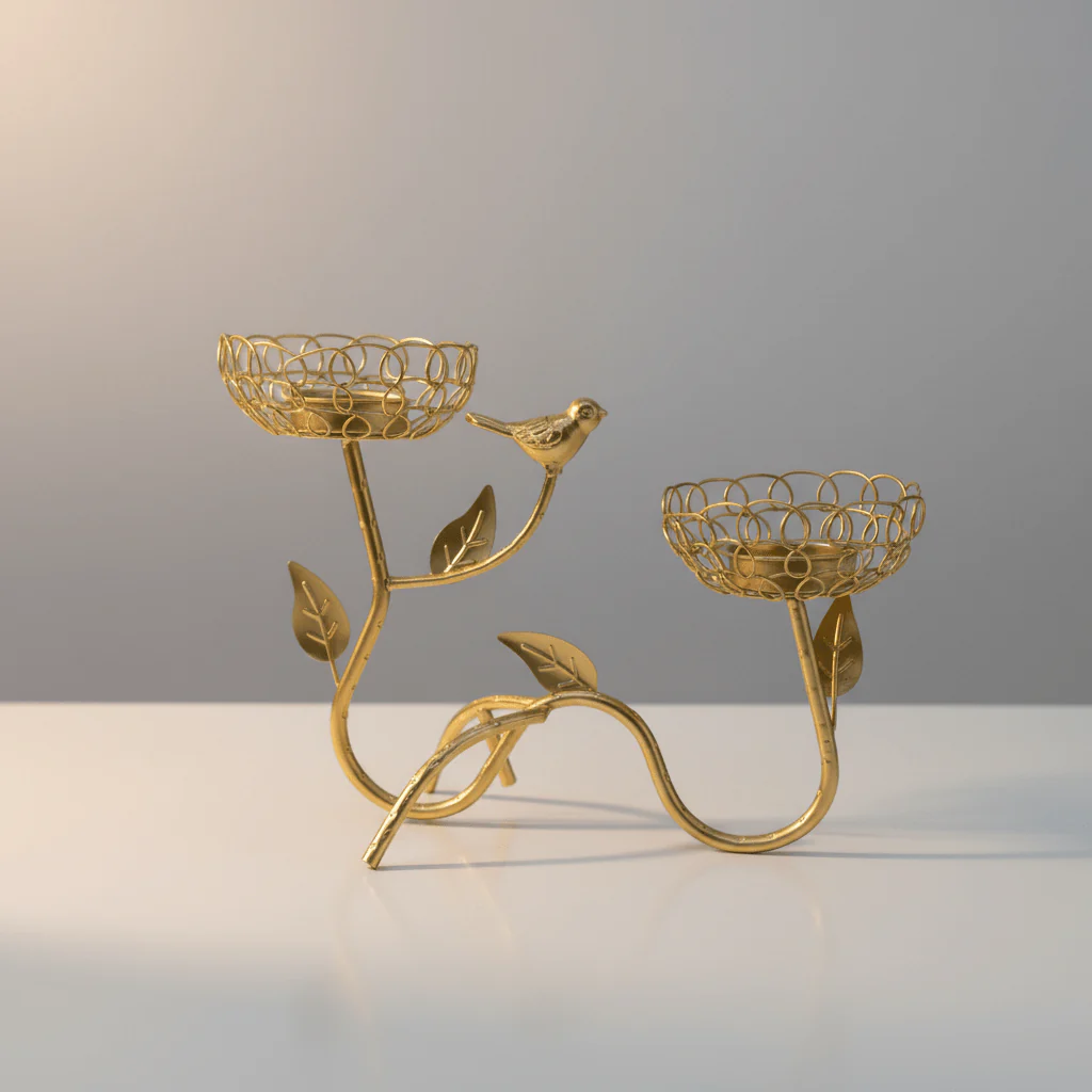 Golden Bird & Vine Double Candle Holder | Luxury Gold Metal Wire Centerpiece | 25×18cm - Image 4