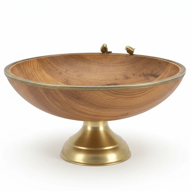 Goldkish Footed Round Wooden Fruit Bowl with Decorative Metal Rim, Stylish Kitchen Centerpiece 35cm