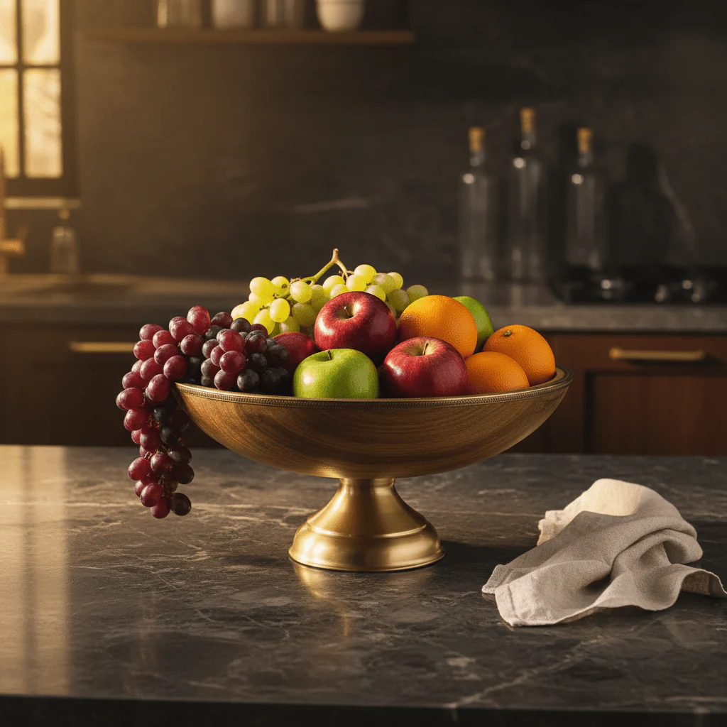 Goldkish Footed Round Wooden Fruit Bowl with Decorative Metal Rim, Stylish Kitchen Centerpiece 35cm - Image 2