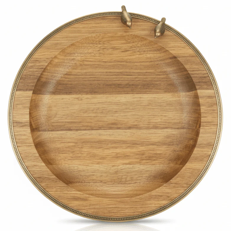 Goldkish Round Wooden Serving Tray with Elegant Metal Border, Premium Tableware 33cm