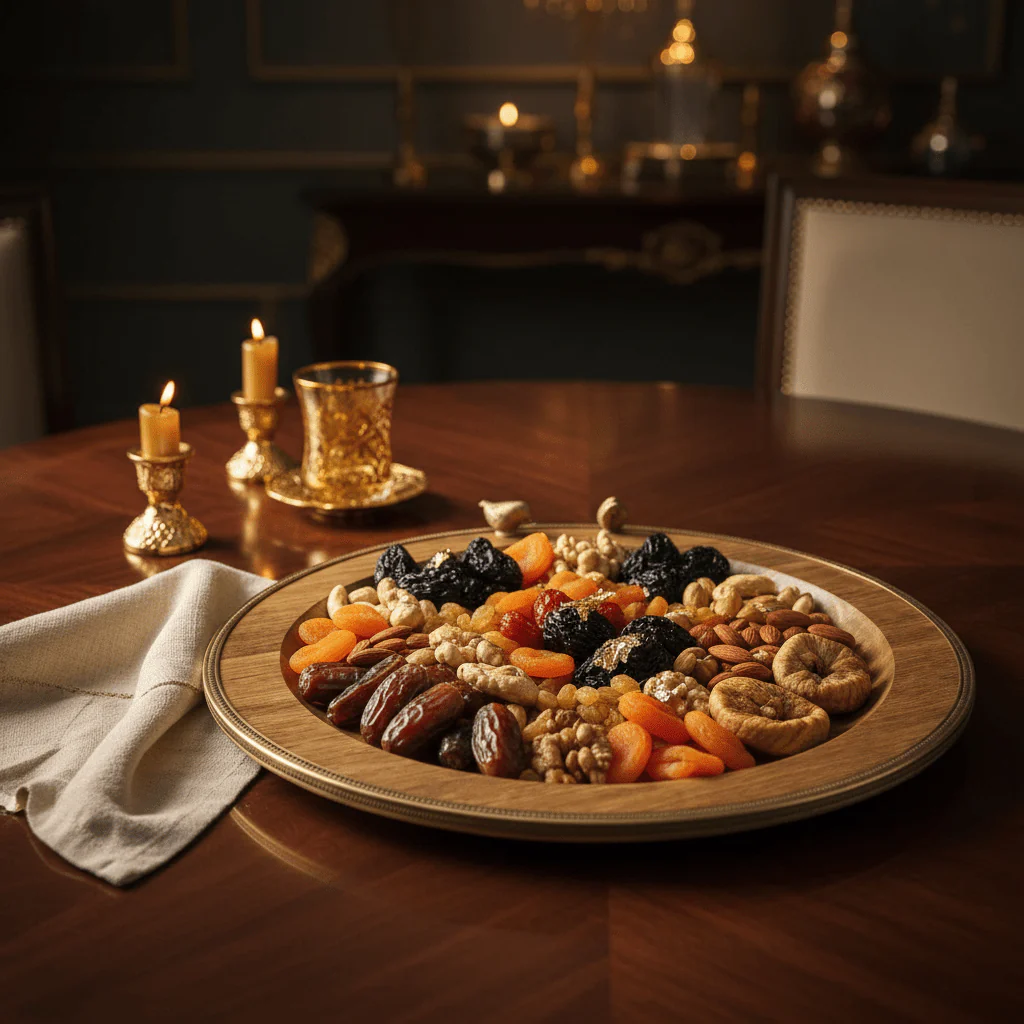 Goldkish Round Wooden Serving Tray with Elegant Metal Border, Premium Tableware 33cm - Image 2