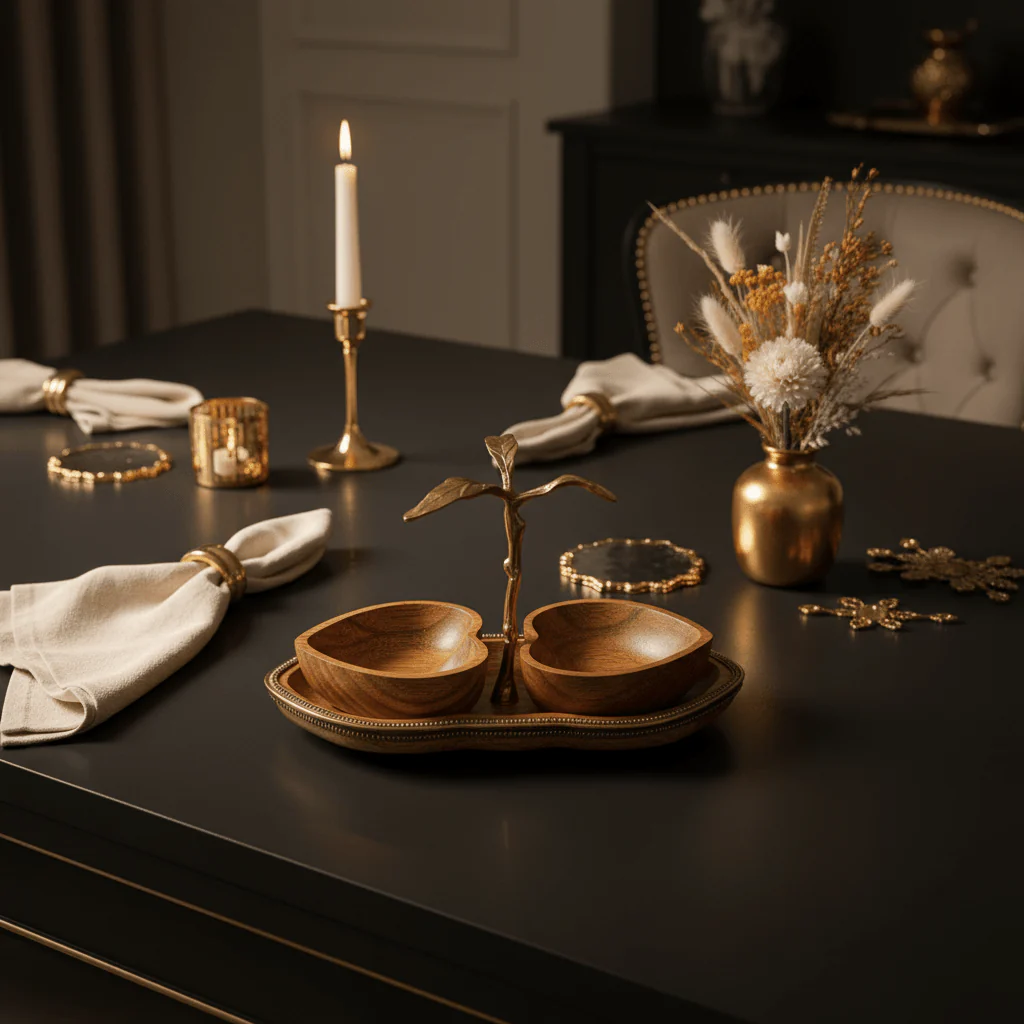 Goldkish Wooden Heart-Shaped Serving Bowl with Matching Tray, Decorative Serving Set 23x10cm - Image 2