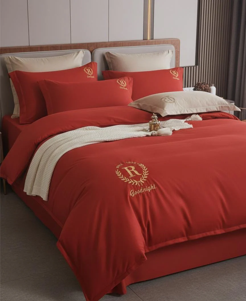 GrandMilestones Red Nylon-Cotton 4-Piece Bedsheet Set with 200x230cm Quilt Cover and 2 Pillowcases