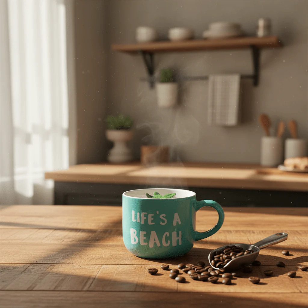 Life's A Beach Ceramic Mug with Hidden Plant Surprise — 400ml | Teal & White - Image 2