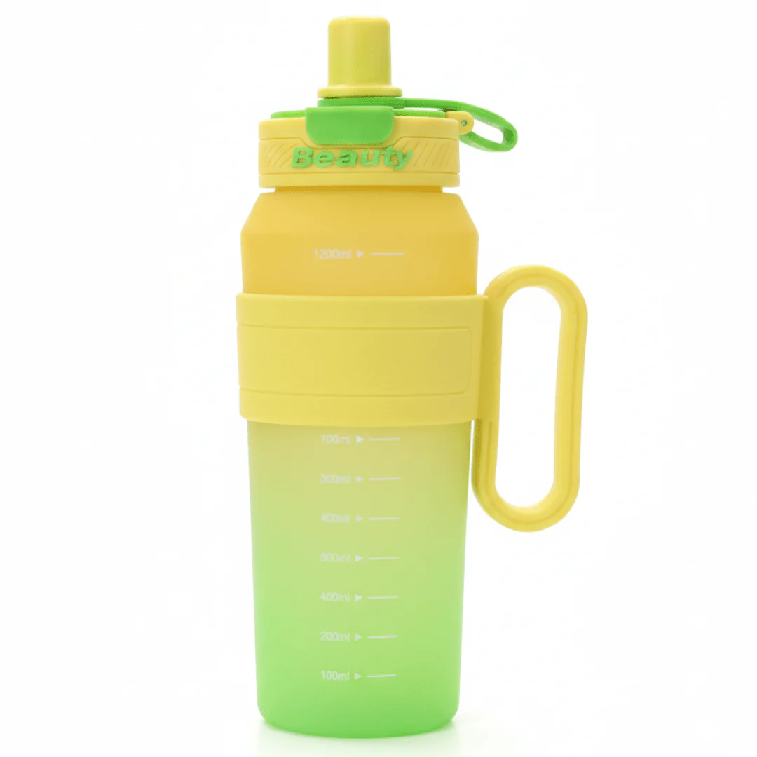Shuiyinzi Beauty Collapsible Silicone Water Bottle – Leak-Proof Flip Straw, Foldable & Portable | Green & Yellow 1200ml