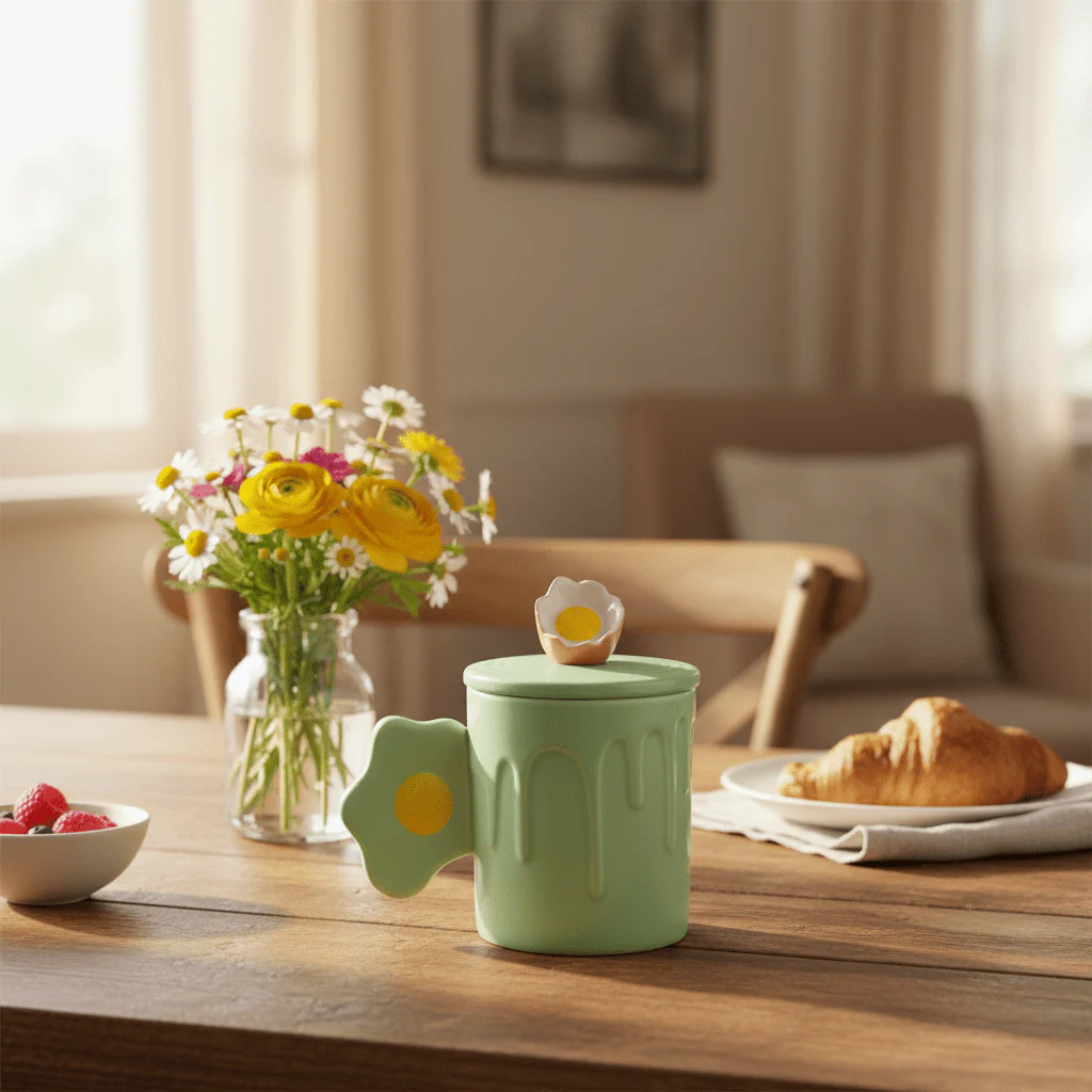 Bloom Drip Ceramic Mug With Lid — Mint Green | 350ml - Image 2