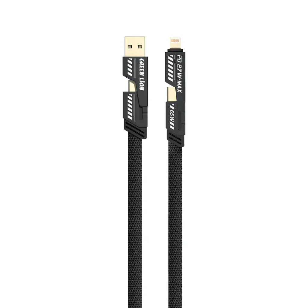 Green Lion 2-in-2 Braided Fast Charging Cable, USB-C/USB-A to USB-C/Lightning, 65W Charging, 480Mbps Data Transfer, Durable Cable with Zinc Alloy Shell for iPhone, Android, Laptop, 2 Meter - Black