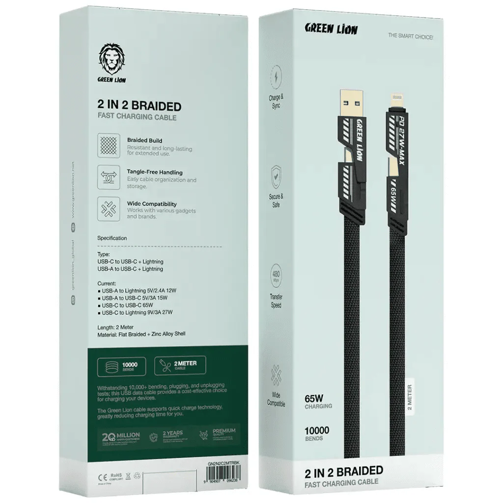 Green Lion 2-in-2 Braided Fast Charging Cable, USB-C/USB-A to USB-C/Lightning, 65W Charging, 480Mbps Data Transfer, Durable Cable with Zinc Alloy Shell for iPhone, Android, Laptop, 2 Meter - Black - Image 3