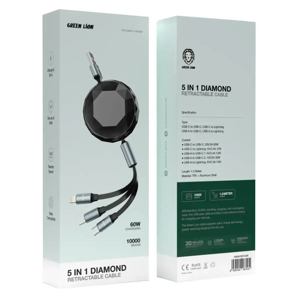 Green Lion 5-in-1 Diamond Retractable Cable, USB-C to USB-C, USB-C to Lightning, USB-A to USB-C, USB-A to Lightning, 1.2M Length, 60W Charging, 480Mbps Data Transfer, Black - Image 2