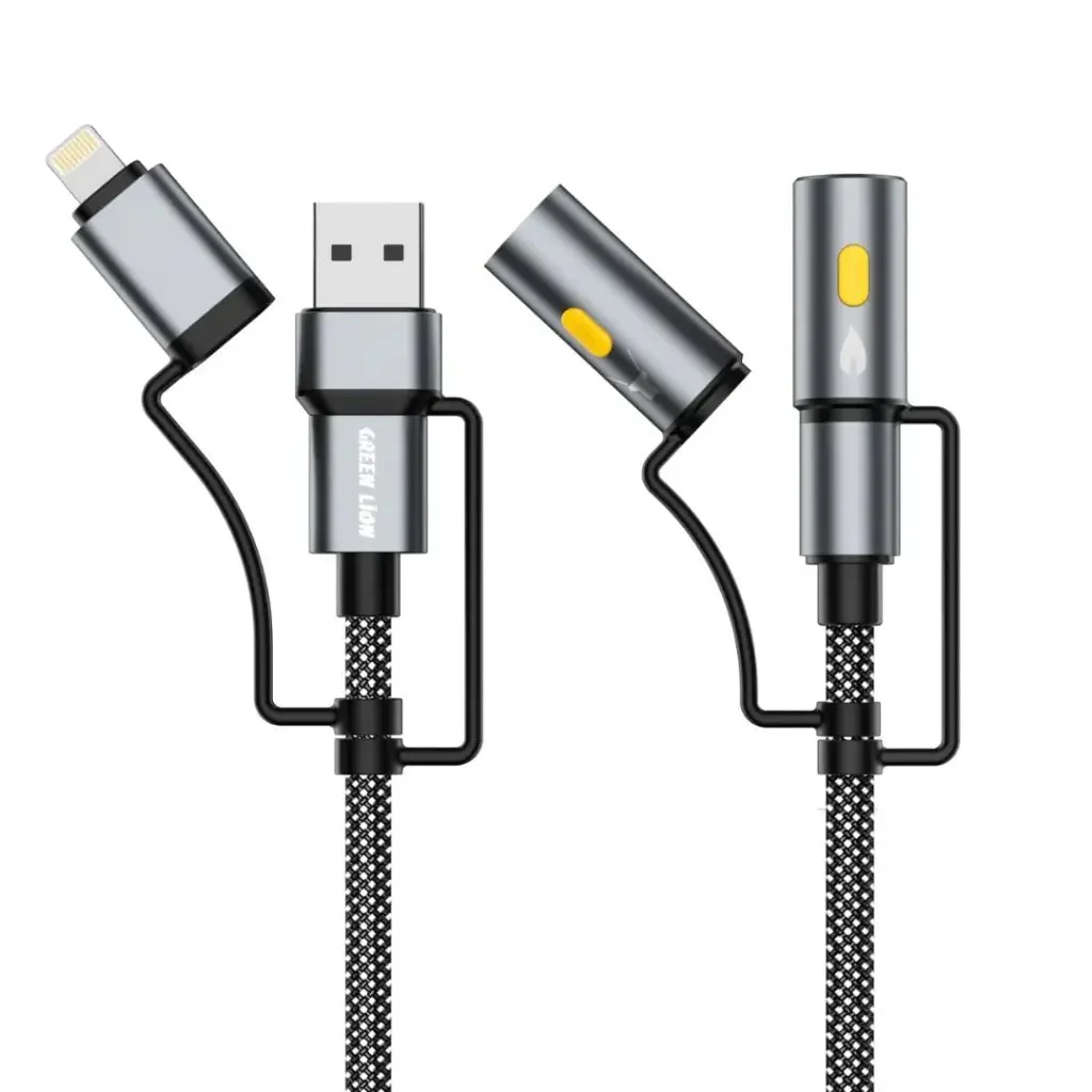 Green Lion 6 in 1 Cable Charging, Led Light, Ignition, 1.2m Woven Cable, 480Mbps Transfer Speed, PD60W Fast Charging - Gray