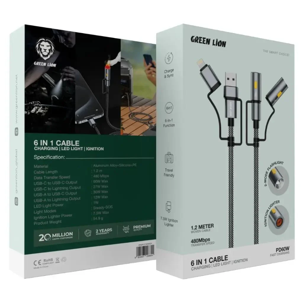 Green Lion 6 in 1 Cable Charging, Led Light, Ignition, 1.2m Woven Cable, 480Mbps Transfer Speed, PD60W Fast Charging - Gray - Image 2