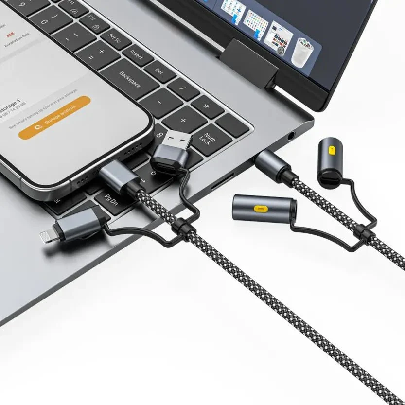 Green Lion 6 in 1 Cable Charging, Led Light, Ignition, 1.2m Woven Cable, 480Mbps Transfer Speed, PD60W Fast Charging - Gray - Image 3