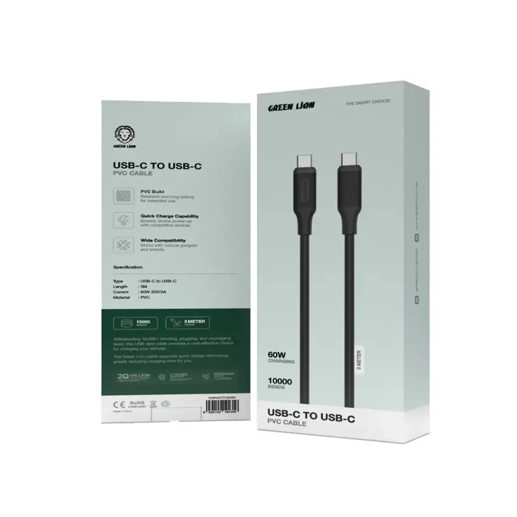 Green Lion 60W USB-C to USB-C PVC Cable 3M, 10000 Bends - Black - Image 2
