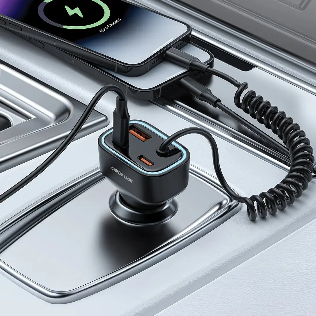 Green Lion 90W Car Charger with Dual PD Charger and Built-in USB-C and USB-A Cables – Gray - Image 3