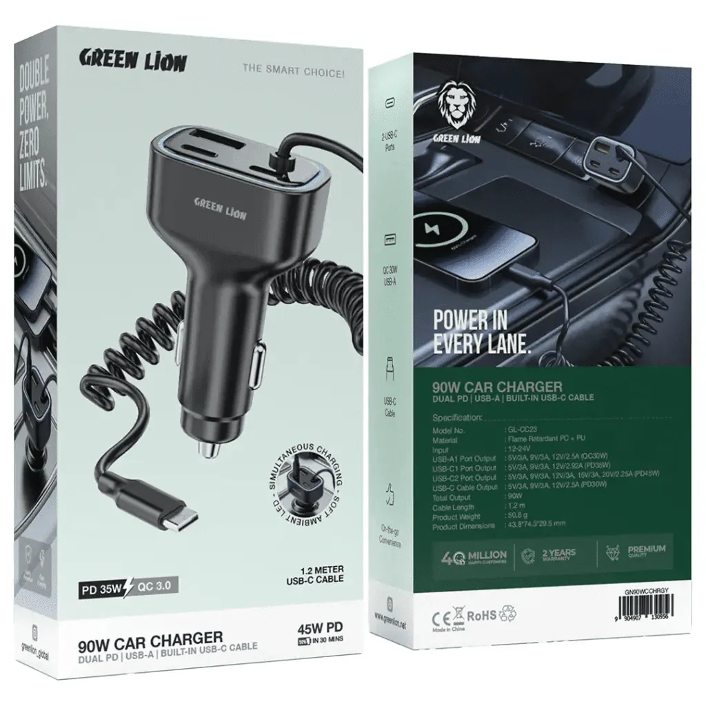 Green Lion 90W Car Charger with Dual PD Charger and Built-in USB-C and USB-A Cables – Gray - Image 5