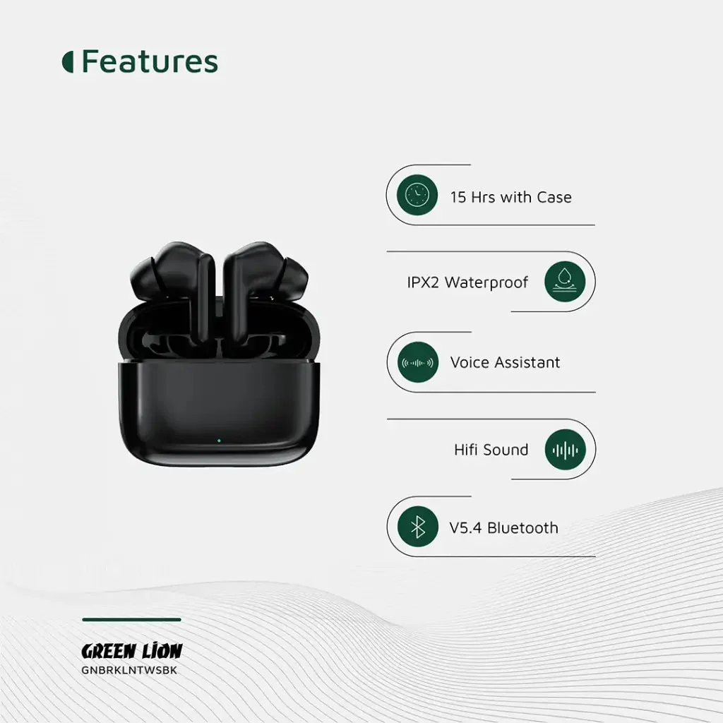 Green Lion Brooklyn True Wireless Earbuds with Voice Assistant, 4 Hours Playtime, Built-in Microphone, HiFi Sound, Touch Control, Dual-Mic - Black - Image 4
