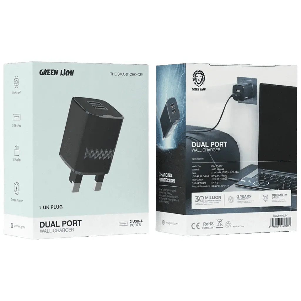 Green Lion Dual Port Wall Charger Uk Plug 2 Usb-A Port Usb-A To Lightning 1M Cable GL-WC60 - Image 2
