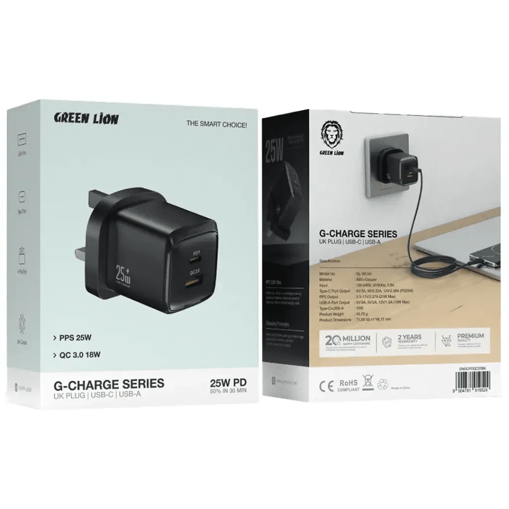 Green Lion G-Charge Series Dual Port Wall Charger 25W UK Plug  with 1m USB-C to Lightning Cable, QC3.0 18W- Black - Image 3