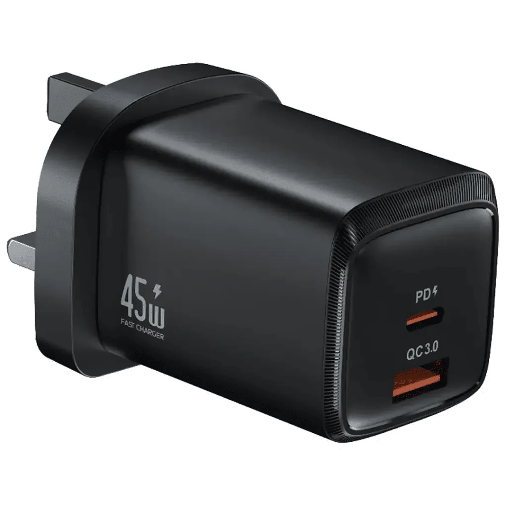 Green Lion G-Charge Series Dual Port Wall Charger 45W UK Plug with 1m USB-C to USB-C Cable, QC3.0 18W  - Black
