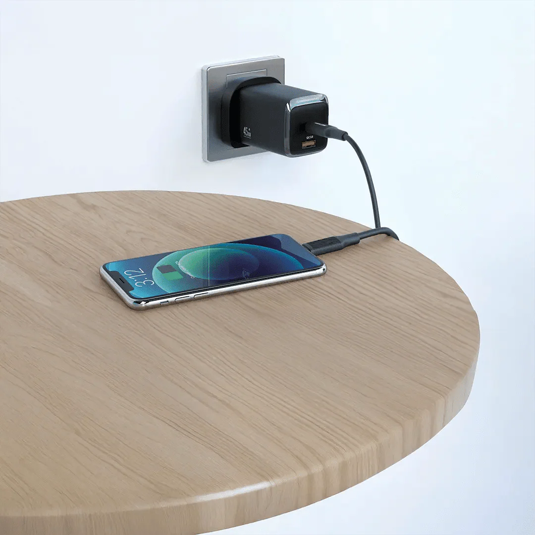Green Lion G-Charge Series Dual Port Wall Charger 45W UK Plug with 1m USB-C to USB-C Cable, QC3.0 18W  - Black - Image 2