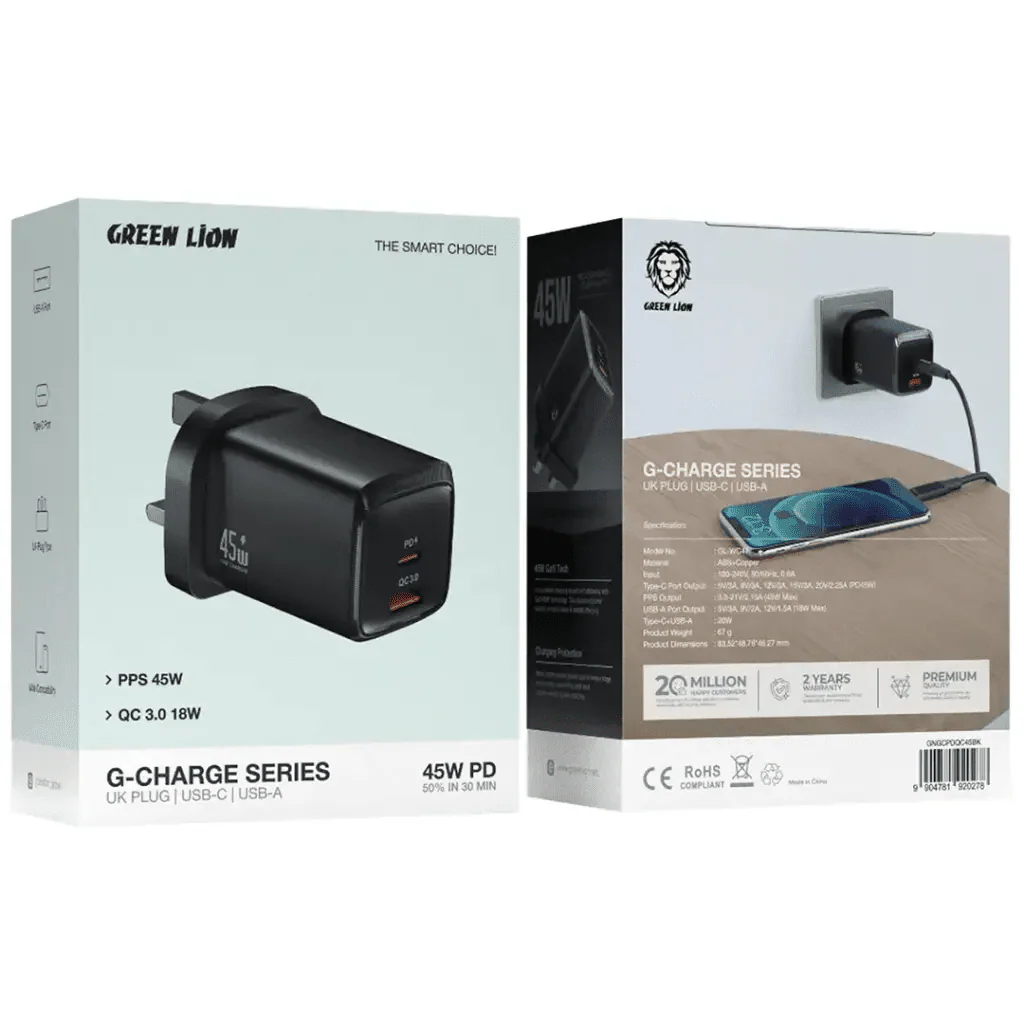 Green Lion G-Charge Series Dual Port Wall Charger 45W UK Plug with 1m USB-C to USB-C Cable, QC3.0 18W  - Black - Image 3