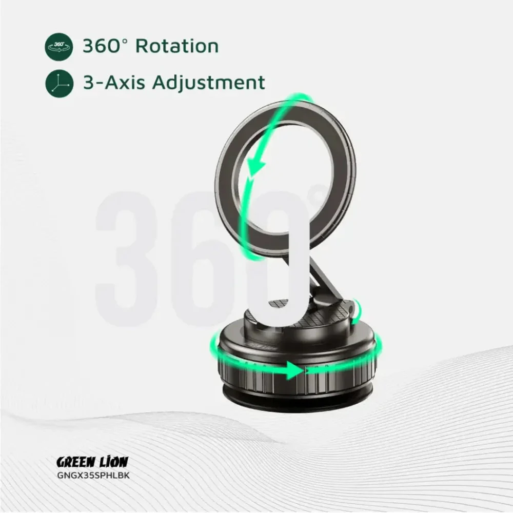 Green Lion GX-35 Suction Phone Holder with 360 Rotation, Upgraded Magnetic Force, Zinc Alloy Arm, Compatible with MagSafe Strong Suction, Foldable Design, 3-Axis Adjustment - Black - Image 4