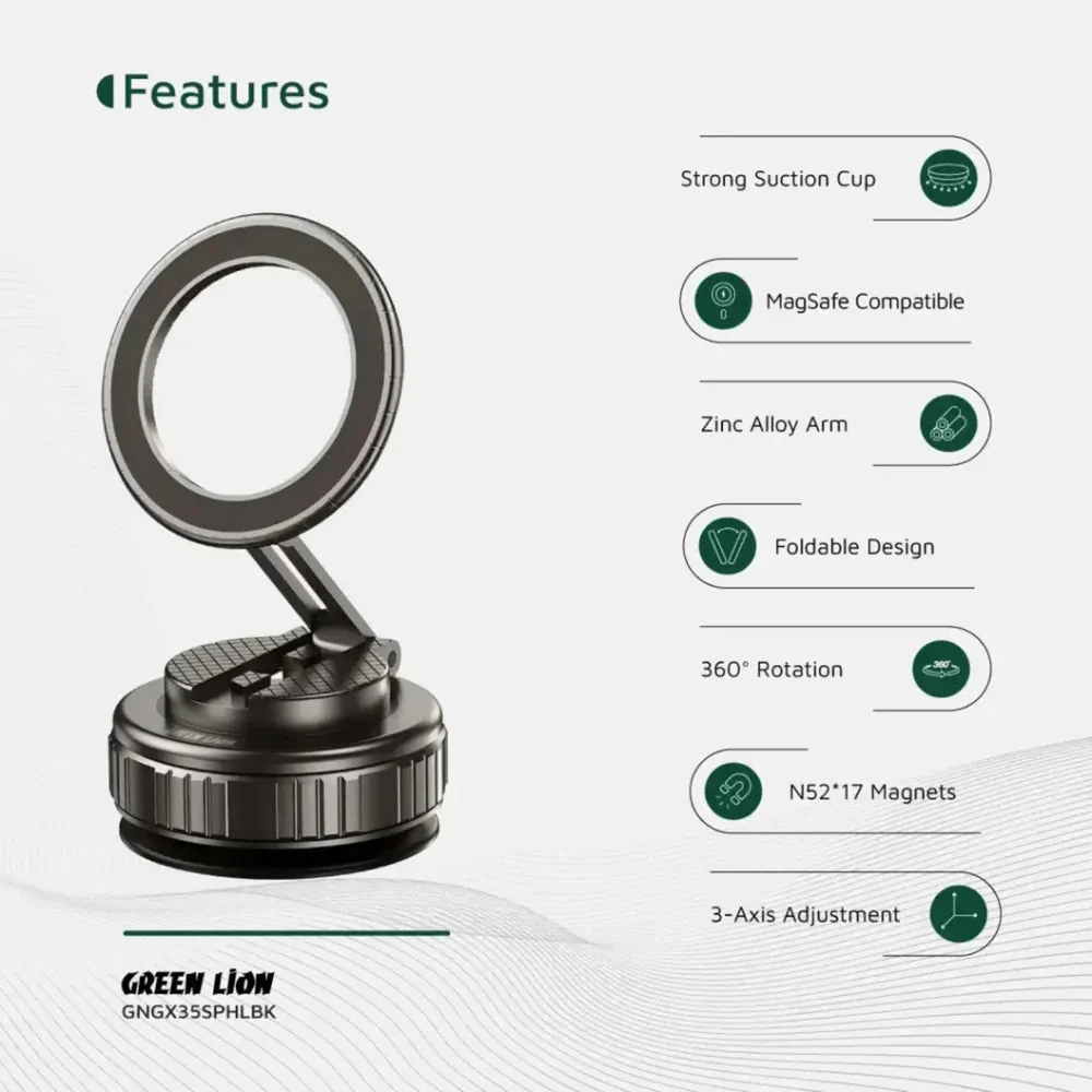 Green Lion GX-35 Suction Phone Holder with 360 Rotation, Upgraded Magnetic Force, Zinc Alloy Arm, Compatible with MagSafe Strong Suction, Foldable Design, 3-Axis Adjustment - Black - Image 9