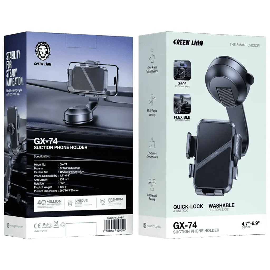 Green Lion GX-74 Suction Phone Holder, Flexible Bendable Arm & 360° Rotation, Universal Car Mount for 4.7" to 6.9" Devices, Washable Suction Cup Base with One-Press Quick Release - Image 3