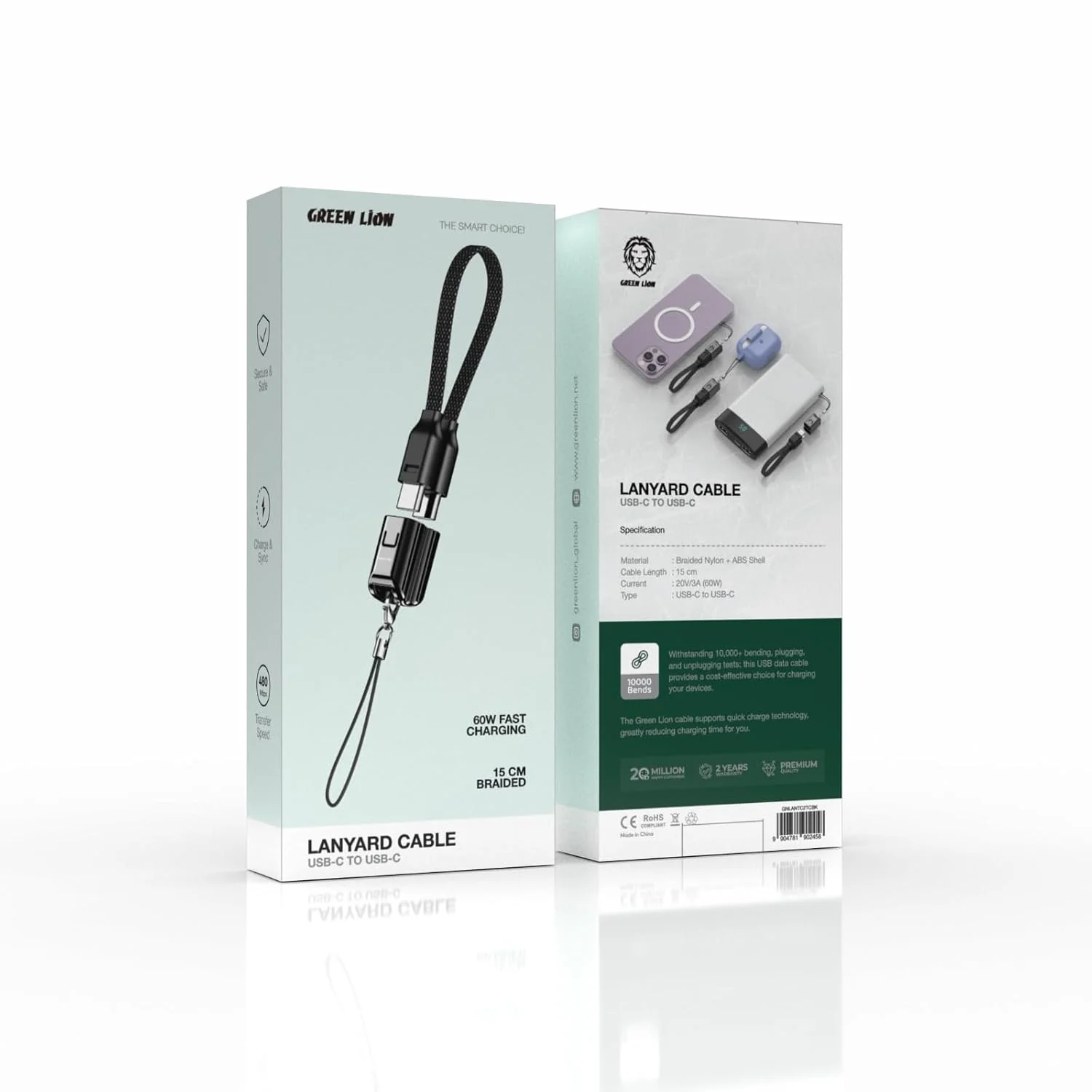 Green Lion Lanyard USB C to USB C Cable 60W PD, 15cm Length, Fast Charging & Sync Braided Cord for Power Bank, MacBook, iPad, Laptop, iPhone 16/15/14/13, S24/S23 - Image 3