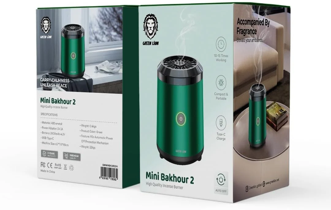 Green Lion Mini Bakhour 2 Incense Burner, Auto Off Feature, Type-C Charging, Compact & Portable, 10-15 Times Working Capacity, Accompanied by Fragrance, 2000mAh Battery (Green) - Image 4