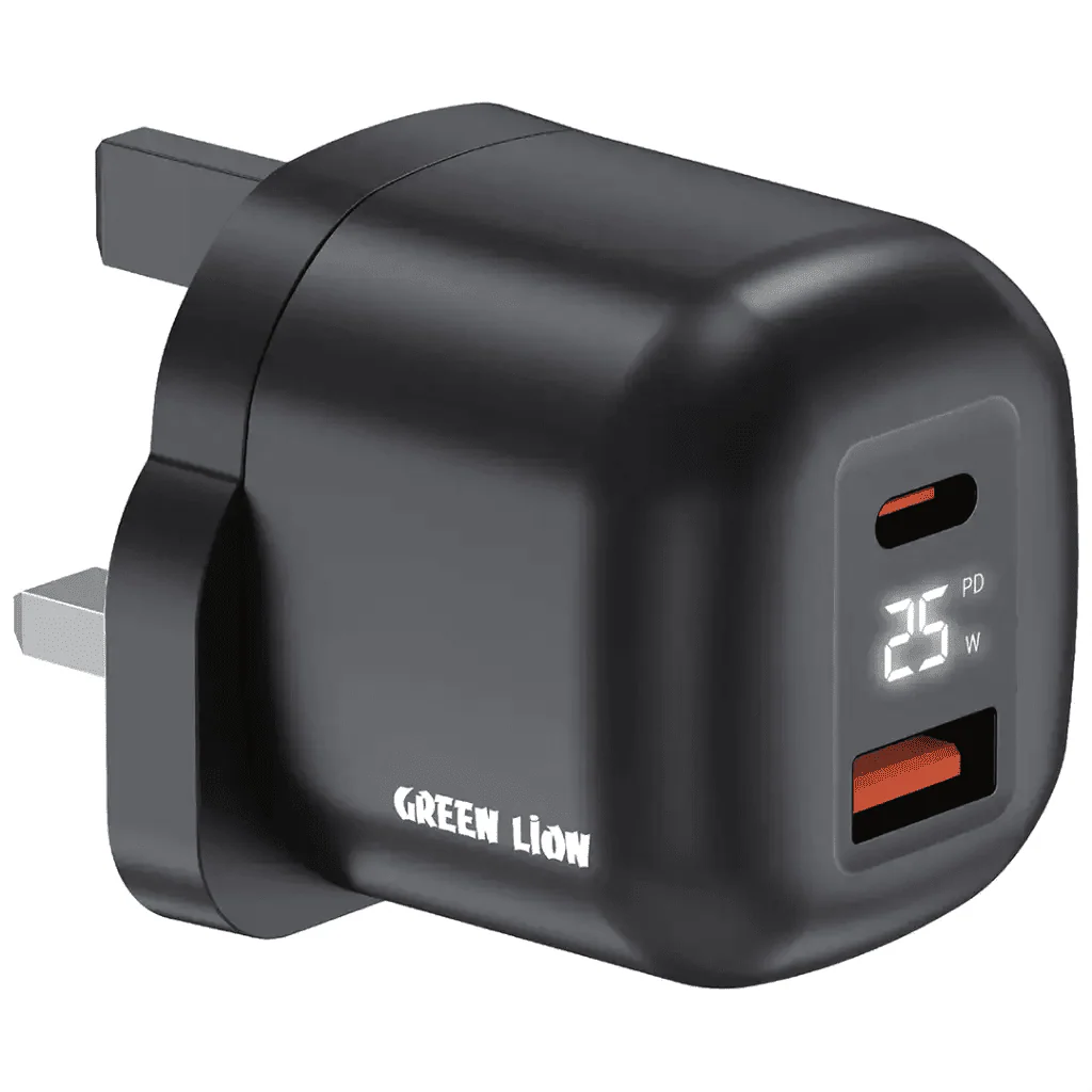 Green Lion Q- Series Uk Plug Gan Charger Usb-C&A Port Pd25W+ Qc3.0 with Real Time Display - Black