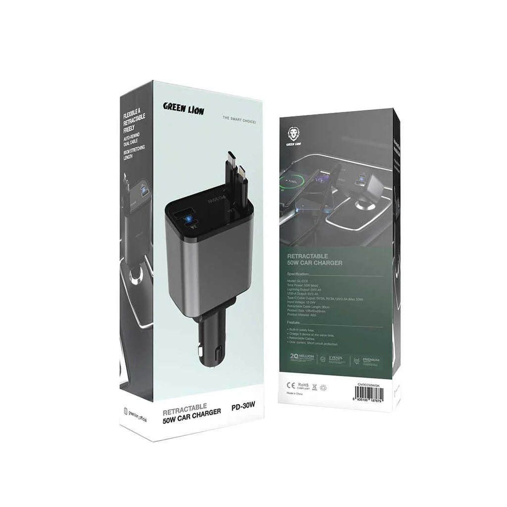 Green Lion Retractable 50W Car Charger, 30W Max USB-C Cable Output, 80cm Cable Length, Digital Display, 180° Adjustable Angle, Compact Design for Flexible In-Car Charging - Image 2
