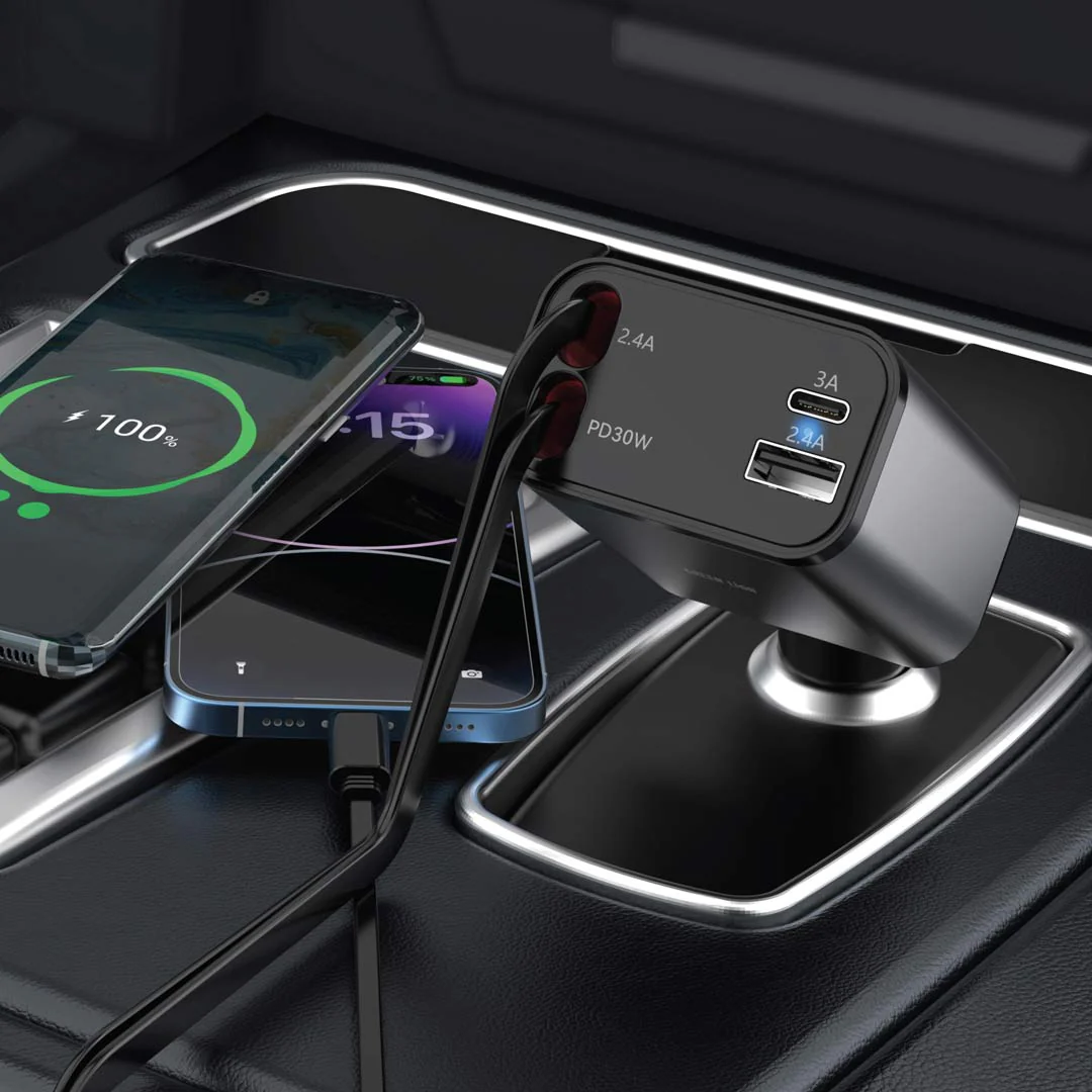 Green Lion Retractable 50W Car Charger, 30W Max USB-C Cable Output, 80cm Cable Length, Digital Display, 180° Adjustable Angle, Compact Design for Flexible In-Car Charging - Image 3