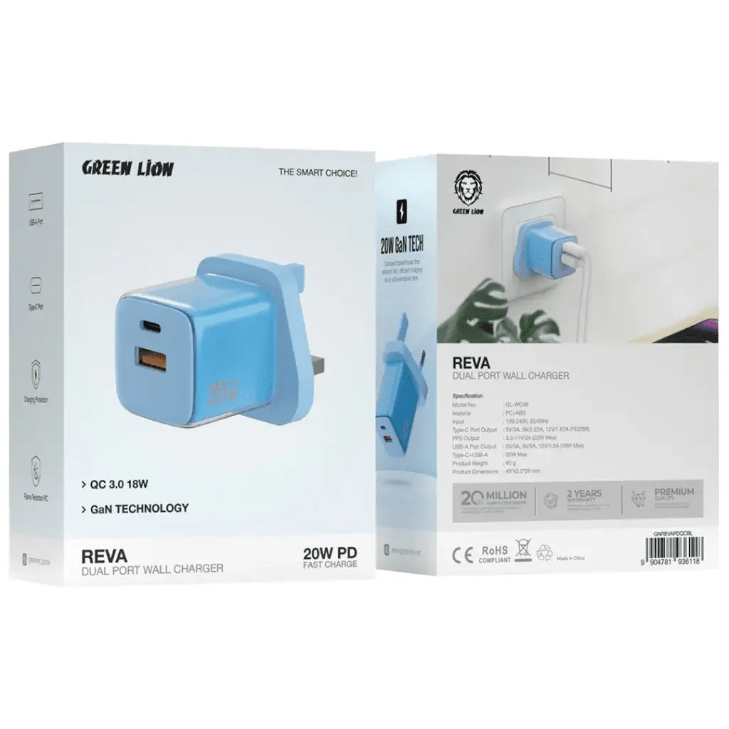Green Lion Reva Dual Port Wall Charger 20W PD Fast Charge, QC 3.0 18W, Blue - Image 3