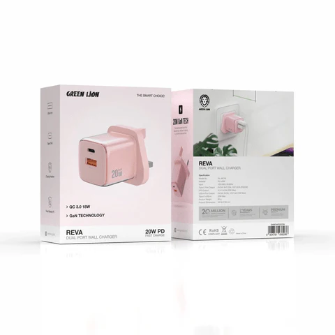 Green Lion Reva Dual Port Wall Charger 20W PD Fast Charge, QC 3.0 18W, Pink - Image 3