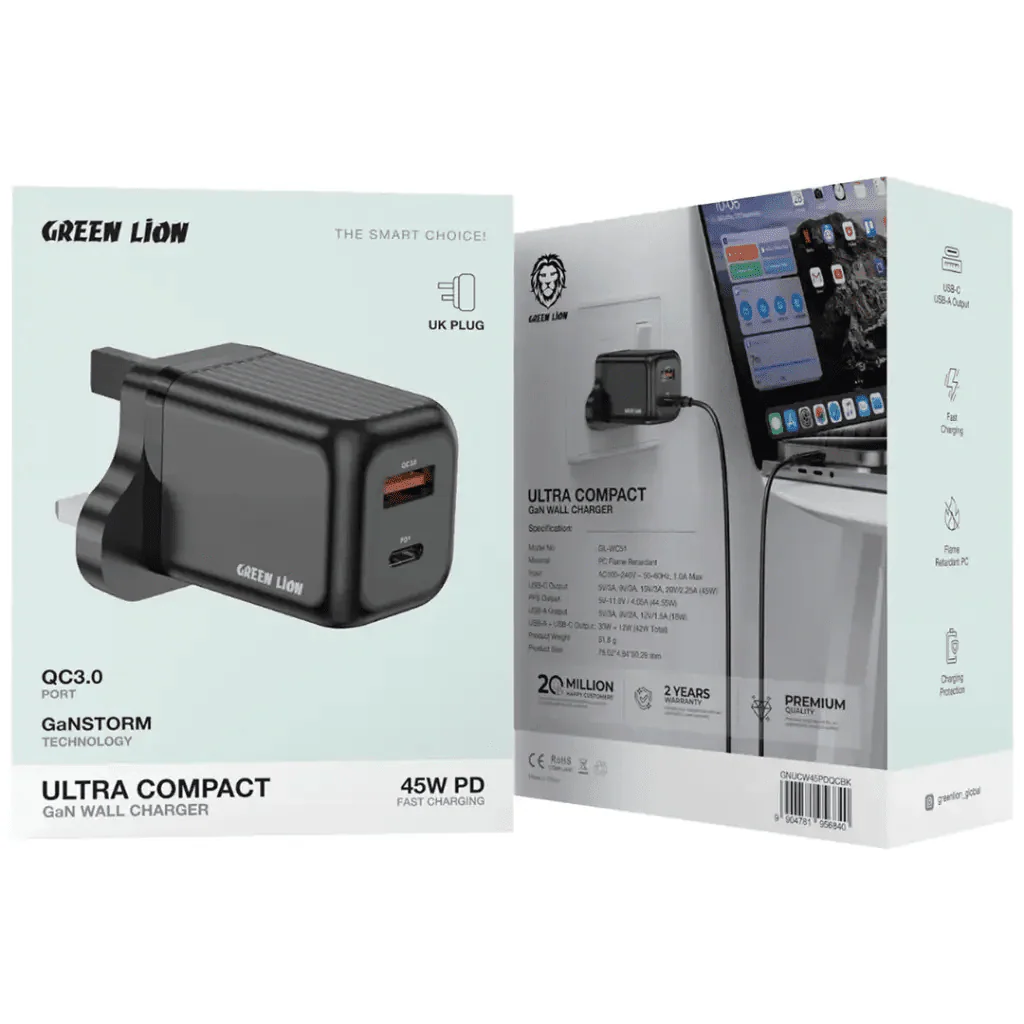 Green Lion Ultra Compact GaN 45W Wall Charger with 1m USB-C to USB-C Cable, QC3.0 Port - Black - Image 4