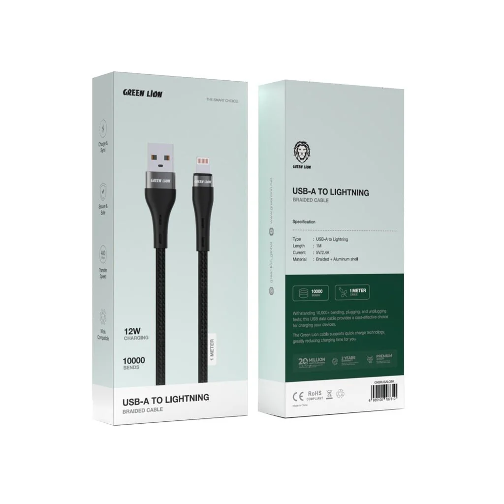GREEN LION USB-A to Lightning Braided 1 meter Cable  - Black - Image 2