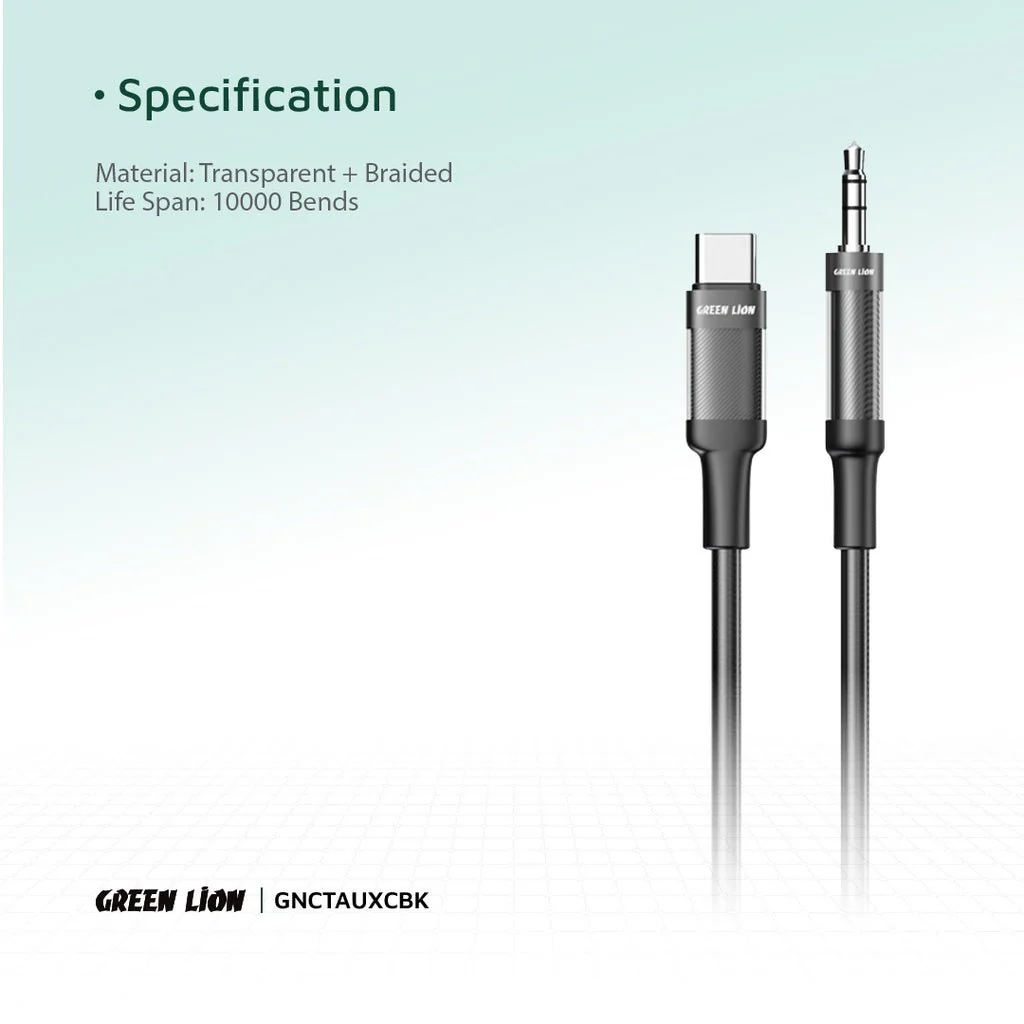 Green Lion USB-C to AUX Braided Cable 1M, Stable Signal, Durable Material, Copper Core, 10000 Bends Life Span, Wide Compatibility, Secure & Reliable - Black - Image 3