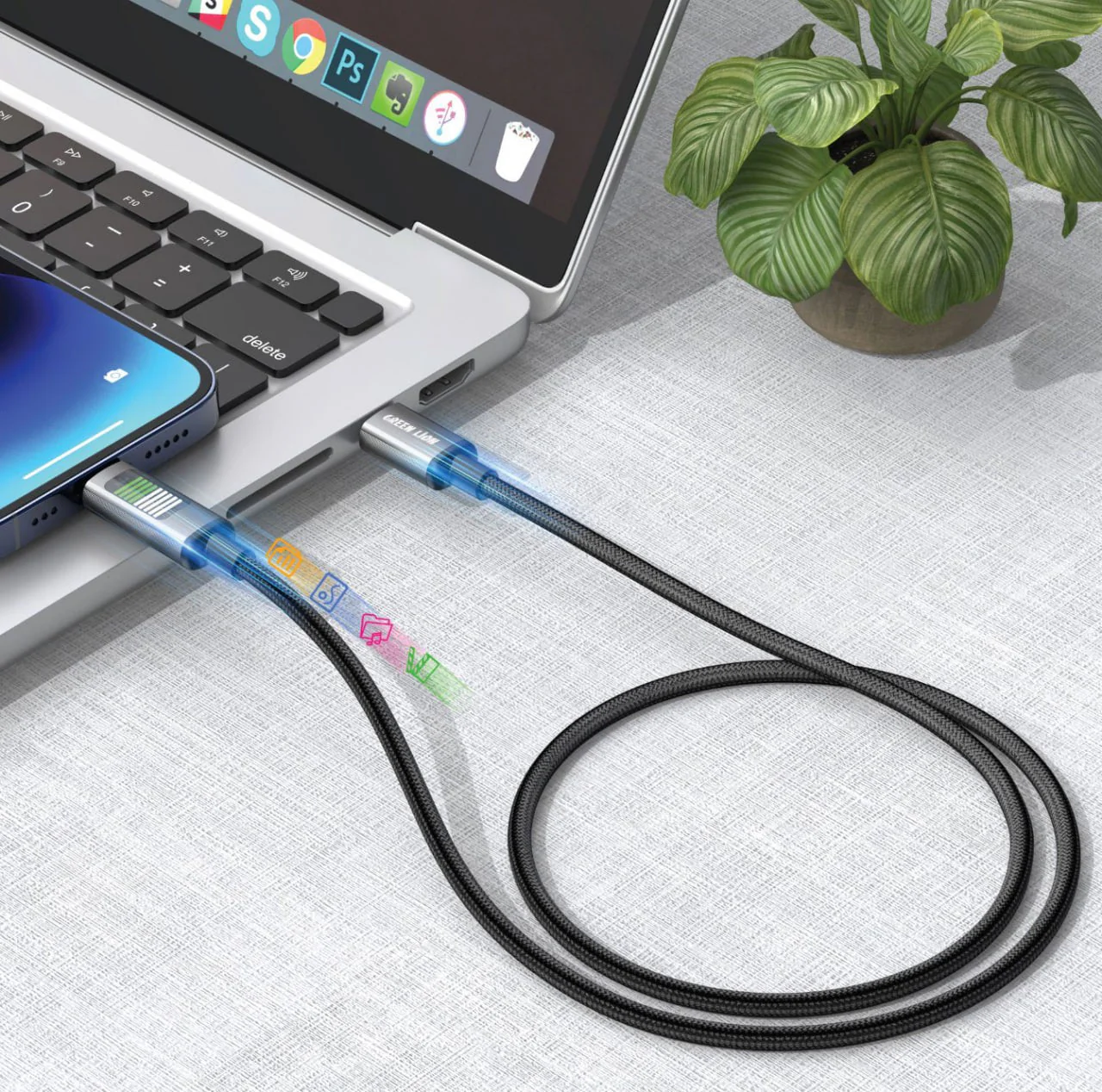 Green Lion USB-C to Lightning LED Charging Cable, 480Mbps Data Transfer Speed, 20V/3A (60W) Power Delivery, Braided + Aluminum Alloy, 1m Length, LED Indicator, 10,000 Bends Lifespan, Black - Image 2